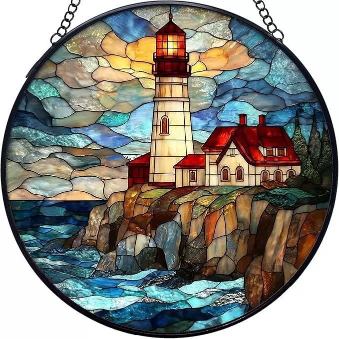 Stained Glass Lighthouse Suncatcher – Coastal Ocean Scene Hanging Window Art
